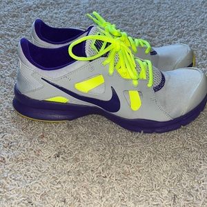 Grey purple bright yellow Nikes